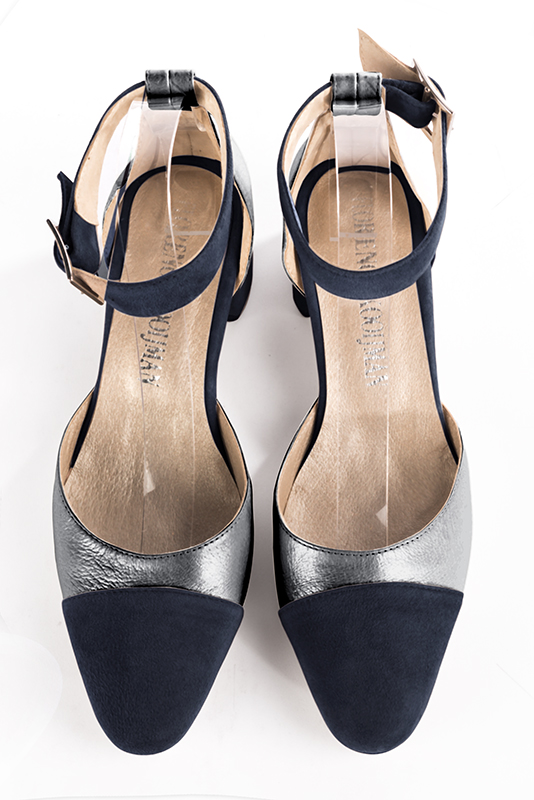 Navy blue and dove grey women's open side shoes, with a strap around the ankle. Round toe. Low flare heels. Top view - Florence KOOIJMAN